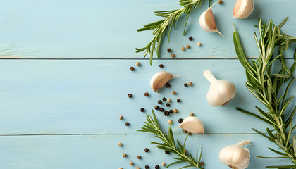 Wall Mural - Fresh rosemary, garlic and pepper on light blue wooden table, flat lay. Space for text