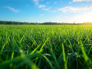 Wall Mural - Early Morning Sunlit Green Grass Field with Vibrant Blue Sky Landscape