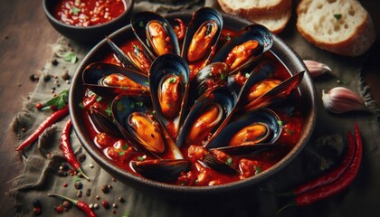  a bowl of mussels cooked in a rich, spicy fermented chili sugo sauce