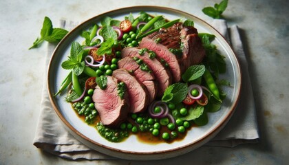 Wall Mural - A beautifully presented plate of roasted lamb rump, perfectly cooked and sliced, served with a vibrant sweet pea salad and a fresh mint salsa