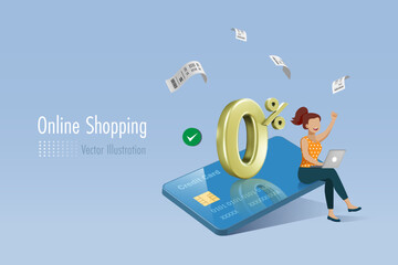 Wall Mural - Woman online shopping on credit card with zero percentage interest fee offer. Money spending, financial marketing and interest fee promotion for online shopping and commercial store. 3D vector.