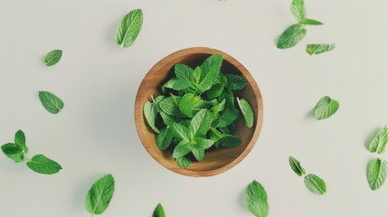 Poster - A wooden bowl filled with fresh mint leaves creates a refreshing, natural vibe, perfect for culinary or health themes.