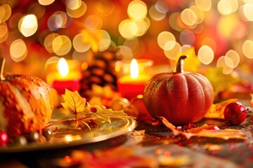 Poster - A red pumpkin sits on a table surrounded by fall leaves and bokeh lights.