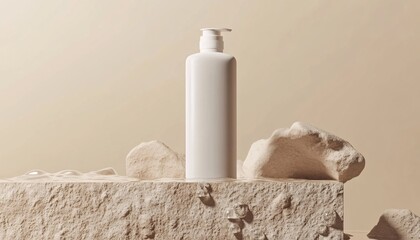 Canvas Print - Minimal White Body Lotion Bottle on a Damp Light Brown Surface Skincare Mockup