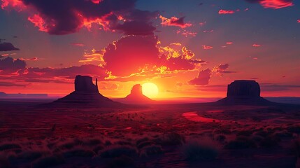 Poster - A vibrant sunset over a desert landscape with iconic rock formations.