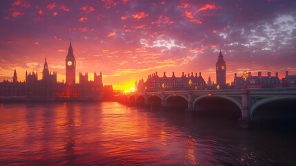 Wall Mural - A stunning sunset over a river with iconic buildings and a bridge.