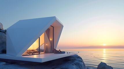 Wall Mural - Minimalist micro house with visually striking geometric shapes and overlooking an ocean  AI generated illustration