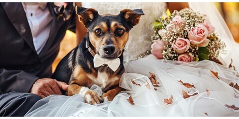 A brown and black dog wearing a white bowtie is lying on a white bridal dress, which is adorned with brown leaves.