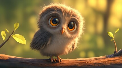 A fluffy baby owl with large eyes sits on a branch in a forest.