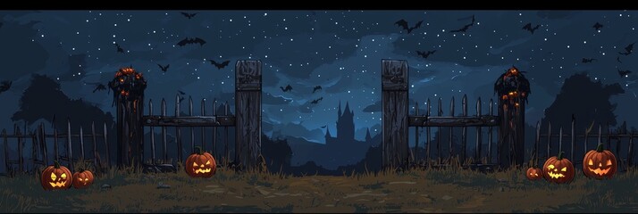 Wall Mural - Animated Halloween night celebration with Jack O Lanterns on a dark forest background with pumpkins and moon