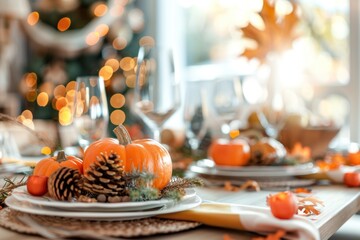 Poster - Close-up of a festive table setting with pumpkins, pine cones, and fall foliage.