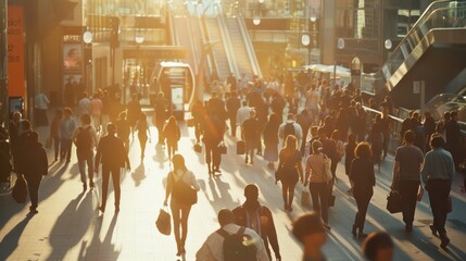 Canvas Print - A busy pedestrian street at sunset, with people walking and public transport in the background, illuminated by the warm golden hour light.