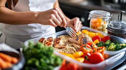 Wall Mural - Woman meal-prepping healthy lunches, including grilled chicken, quinoa, and steamed vegetables