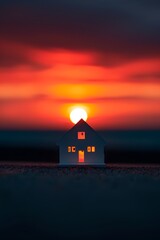 Canvas Print - Minimalistic house with nano details and a flaming red sky in the background  AI generated illustration