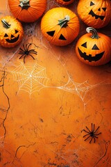 Canvas Print - Top-down view of Halloween pumpkins, jack-o-lanterns, and spiderwebs in a vertical flat lay, orange and black, with copyspace, and a vertical orientation