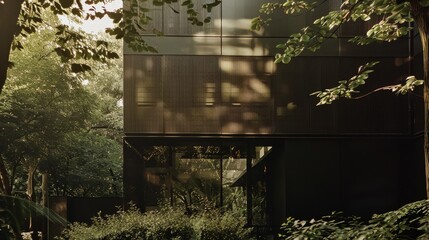 A modern, sleek building with a dark facade nestled among lush greenery, showcasing harmony between contemporary architecture and nature under dappled sunlight.