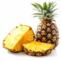 Wall Mural - Ripe Whole and Sliced Pineapple Isolated on White Background