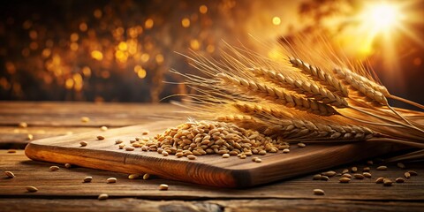 golden wheat grains fall softly onto a rustic wooden cutting board, set against a dark background, e