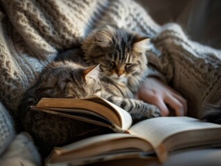 Canvas Print - Two tabby cats napping on an open book, with one cat's head resting on the book and the other cat's paw resting on the book.