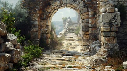 Poster - A scenic view of an ancient stone archway leading to a stairway in a natural landscape.