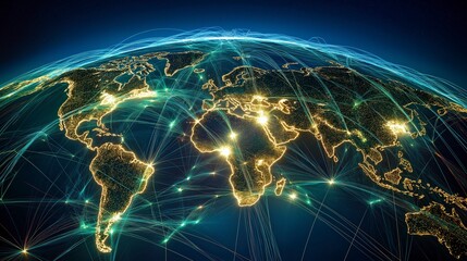 global network of interconnected lines on a glowing planet earth.