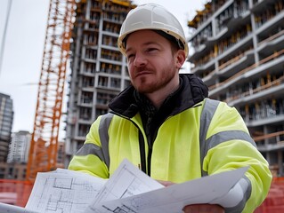 Wall Mural - Focused Male Architect in Hard Hat and Visibility Jacket Examining Blueprints at Construction Site with Crane and Towering Building Framework