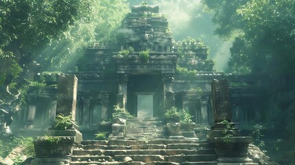 Sticker - A mystical ancient temple surrounded by lush greenery and soft sunlight.