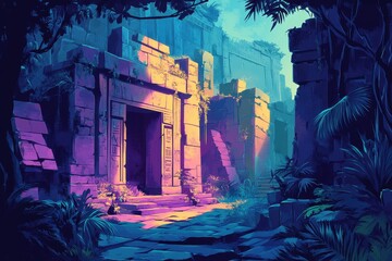 Wall Mural - Ancient Ruins Illuminated by Sunlight in a Tropical Jungle