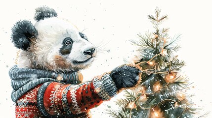 Wall Mural - A watercolor illustration of a vintage panda wearing a sweater, holding a Christmas tree adorned with a glowing garland, isolated on a white background