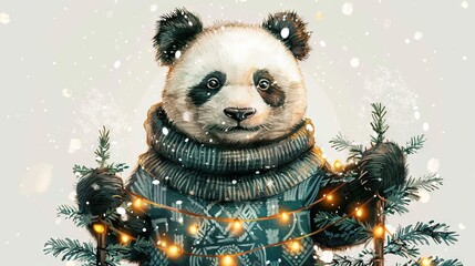 Wall Mural - A watercolor illustration of a vintage panda wearing a sweater, holding a Christmas tree adorned with a glowing garland, isolated on a white background