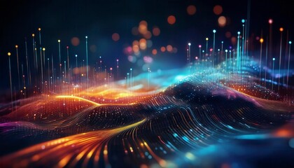 Abstract digital waves with glowing particles in a futuristic design. Ideal for technology blogs, digital art,  sci-fi and business content. Generated image