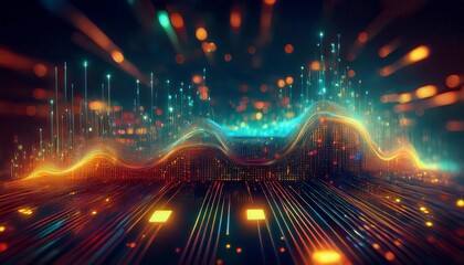 Abstract digital waves with glowing particles in a futuristic design. Ideal for technology blogs, digital art,  sci-fi and business content. Generated image
