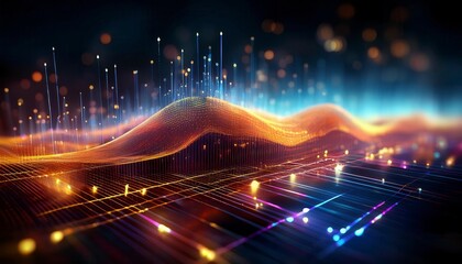 Abstract digital waves with glowing particles in a futuristic design. Ideal for technology blogs, digital art,  sci-fi and business content. Generated image