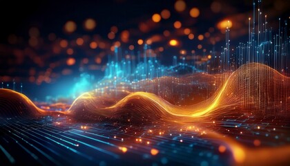 Abstract digital waves with glowing particles in a futuristic design. Ideal for technology blogs, digital art,  sci-fi and business content. Generated image