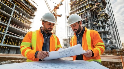 Wall Mural - Two Construction Foremen Reviewing Blueprints at Building Site with Crane and Framework