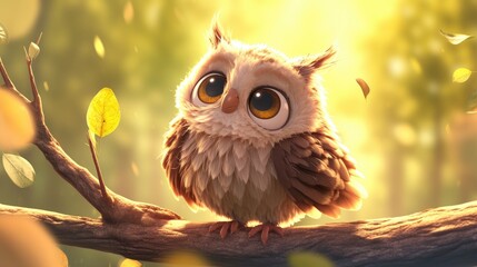 cute owl with big eyes perched on a branch in a forest.