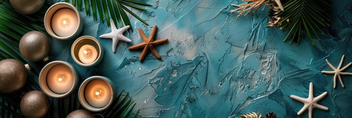 Poster - Blue textured background with burning candles, palm leaves, and starfish.