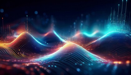 Abstract digital waves with glowing particles in a futuristic design. Ideal for technology blogs, digital art,  sci-fi and business content. Generated image