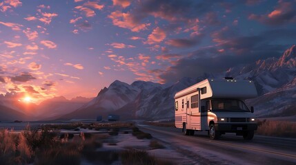 A serene landscape featuring an RV on a road during sunset, surrounded by mountains and a colorful sky.