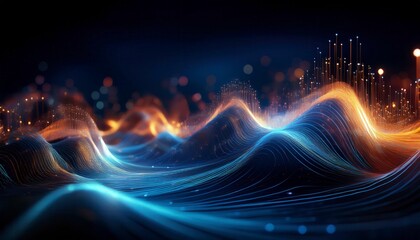 Abstract digital waves with glowing particles in a futuristic design. Ideal for technology blogs, digital art,  sci-fi and business content. Generated image
