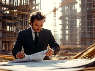 Wall Mural - Architect Studying Blueprints at Construction Site with Towering Building Framework