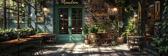 Poster - A cozy caf? scene with greenery, brick walls, and wooden tables, inviting relaxation and social interaction.