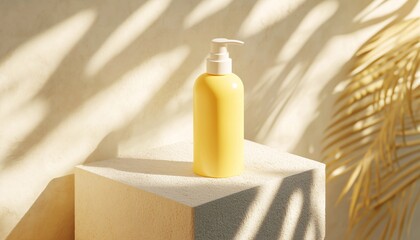 Wall Mural - Pale Yellow Body Lotion Bottle on White Sand Brick Skincare Mockup