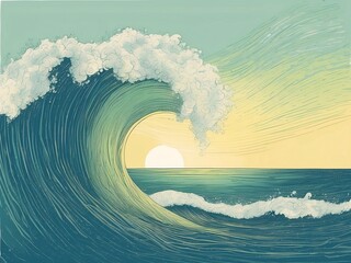 Sticker - An illustration of a serene ocean wave gently rolling in a minimalist screen print