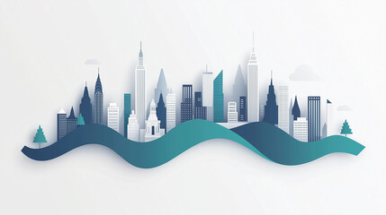 Sticker - ector flat illustration of new york city skyline with statue, white background, simple shapes, simple design, minimalist style, simple lines, flat vector clip art, white background, grey buildings, sk