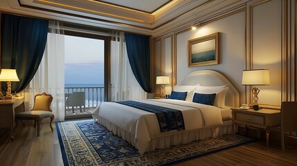 Sticker - A luxurious bedroom with elegant decor, large windows, and a view of the sea.