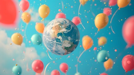 A 3D Earth floated by a cluster of vibrant helium balloons   AI generated illustration