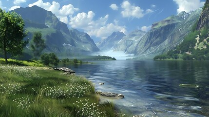 Poster - A serene landscape featuring mountains, a calm lake, and lush greenery under a bright blue sky.