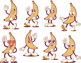 Poster - Banana retro groovy mascot characters set