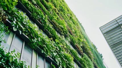 Sticker - A lush vertical garden teeming with diverse plants adorns a modern building, showcasing an inspiring fusion of nature and urban design.